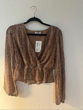 Brown Snake-Print Wrap Peplum Blouse